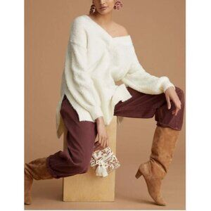 Anthropologie Pilcro Sweater Womens Small Teddy V Neck Tunic Ivory Boho
